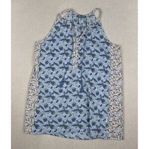 FLEUR BLEUE - WOMEN'S BLUE FLORAL PRINT TANK TOP - TASSELS - SIZE S